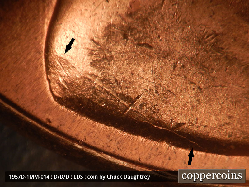 Die-stage C marker on 1957D•1MM•014 (1957 Repunched Mint Mark).