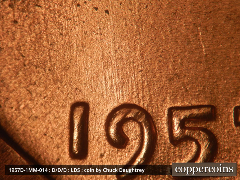 Die-stage C marker on 1957D•1MM•014 (1957 Repunched Mint Mark).