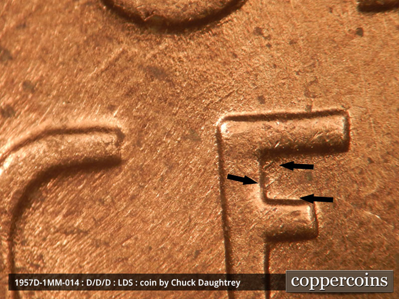 Die-stage C marker on 1957D•1MM•014 (1957 Repunched Mint Mark).