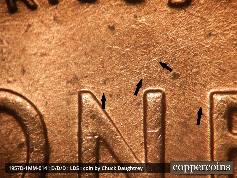 Die-stage C marker on 1957D•1MM•014 (1957 Repunched Mint Mark).
