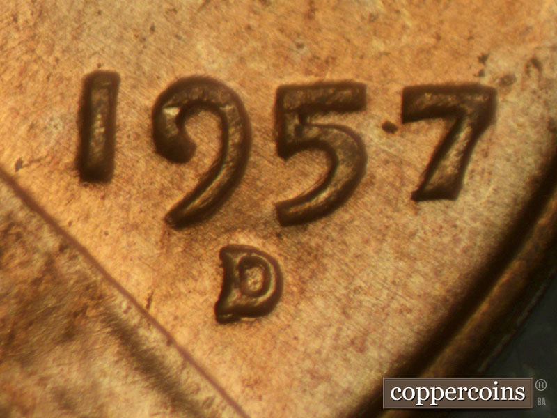 Die-stage A marker on 1957D•1MM•015 (1957 Repunched Mint Mark).