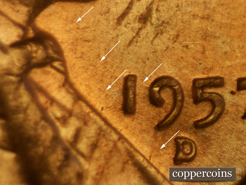 Die-stage A marker on 1957D•1MM•015 (1957 Repunched Mint Mark).