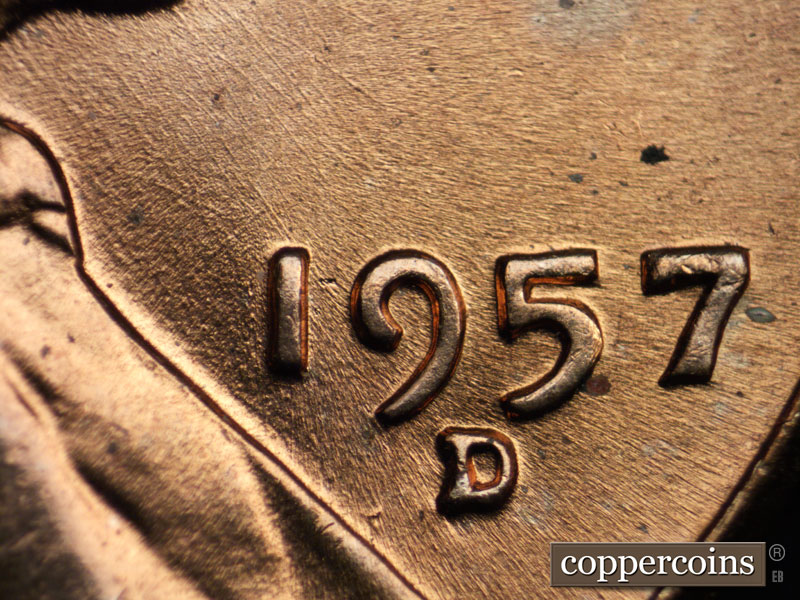 Die-stage A marker on 1957D•1MM•016 (1957 Repunched Mint Mark).