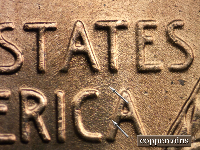 Die-stage A marker on 1957D•1MM•016 (1957 Repunched Mint Mark).