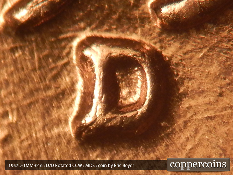1957 Lincoln cent obverse, CopperCoins die 1957D•1MM•016.