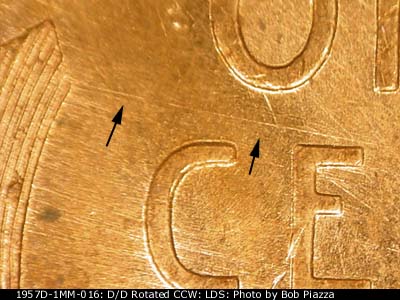 Die-stage C marker on 1957D•1MM•016 (1957 Repunched Mint Mark).