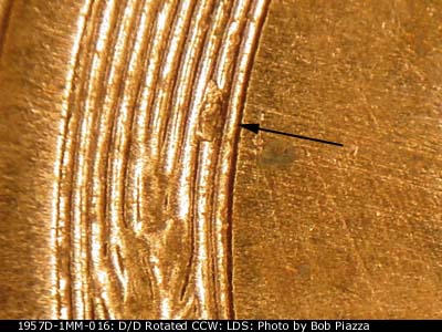 Die-stage C marker on 1957D•1MM•016 (1957 Repunched Mint Mark).