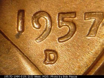 1957 Lincoln cent obverse, CopperCoins die 1957D•1MM•019.