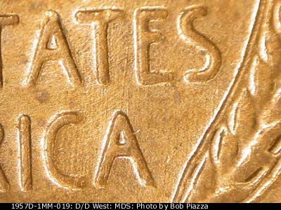 Die-stage C marker on 1957D•1MM•019 (1957 Repunched Mint Mark).