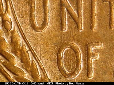 Die-stage C marker on 1957D•1MM•019 (1957 Repunched Mint Mark).
