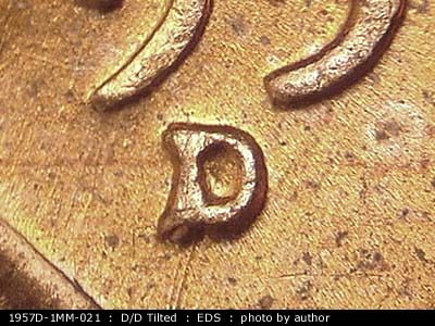 Die-stage A marker on 1957D•1MM•021 (1957 Repunched Mint Mark).