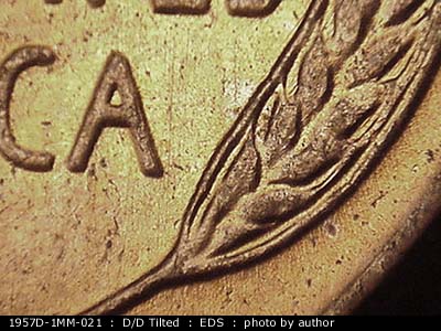 Die-stage A marker on 1957D•1MM•021 (1957 Repunched Mint Mark).