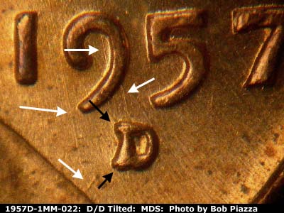 1957 Lincoln cent obverse, CopperCoins die 1957D•1MM•022.