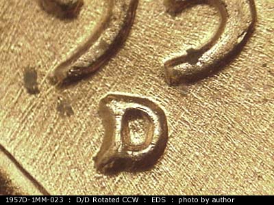Die-stage A marker on 1957D•1MM•023 (1957 Repunched Mint Mark).