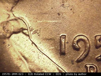 Die-stage A marker on 1957D•1MM•023 (1957 Repunched Mint Mark).