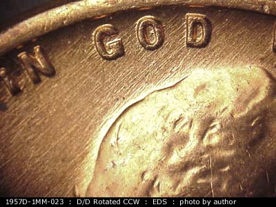 Die-stage A marker on 1957D•1MM•023 (1957 Repunched Mint Mark).