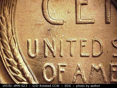 Die-stage A marker on 1957D•1MM•023 (1957 Repunched Mint Mark).