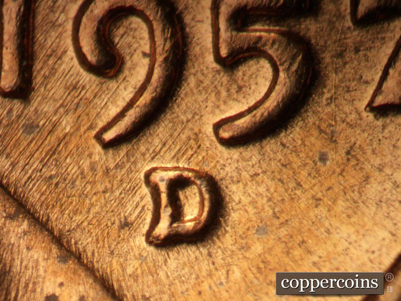 1957 Lincoln cent obverse, CopperCoins die 1957D•1MM•024.