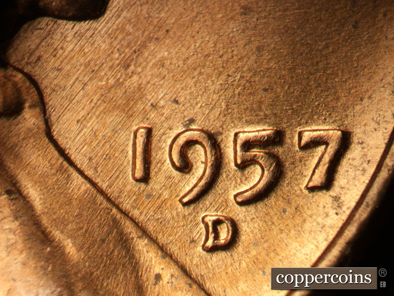 Die-stage B marker on 1957D•1MM•024 (1957 Repunched Mint Mark).