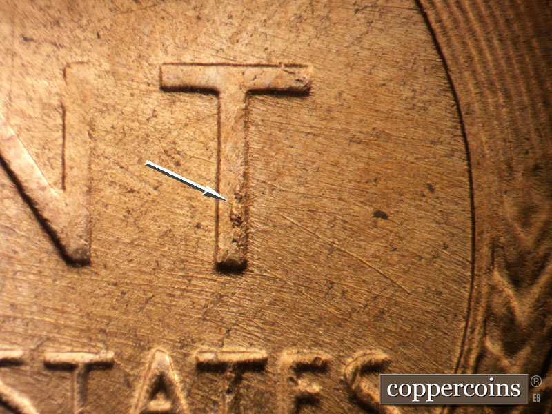 Die-stage B marker on 1957D•1MM•024 (1957 Repunched Mint Mark).