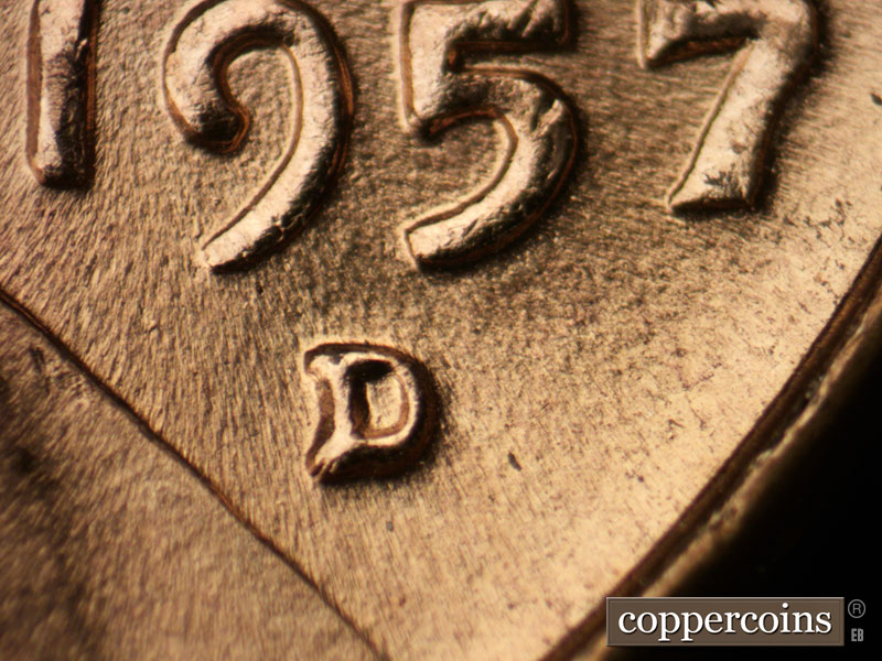 1957 Lincoln cent obverse, CopperCoins die 1957D•1MM•026.