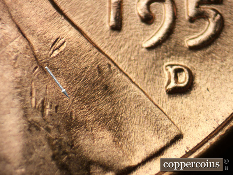 Die-stage B marker on 1957D•1MM•026 (1957 Repunched Mint Mark).