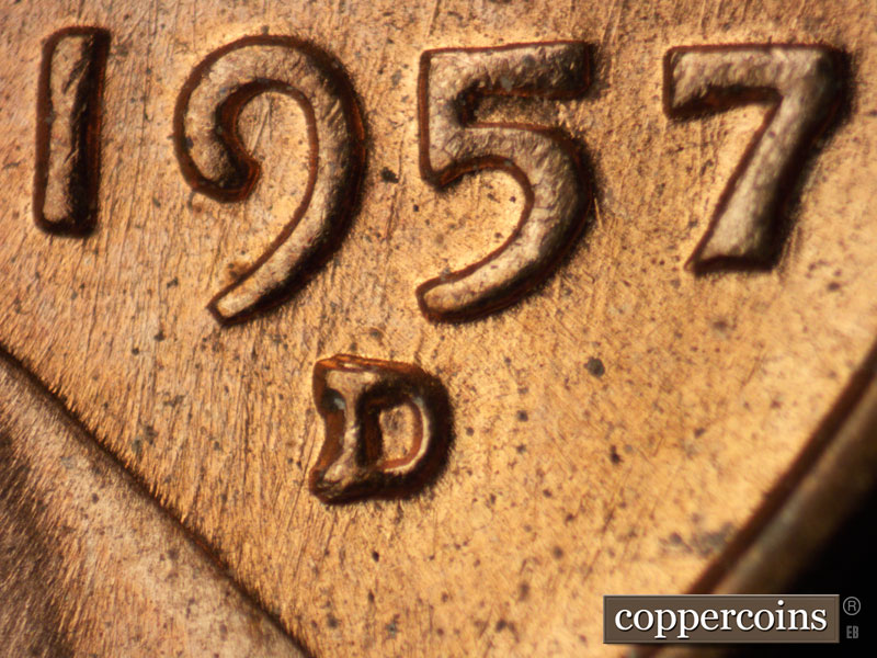 Die-stage A marker on 1957D•1MM•028 (1957 Repunched Mint Mark).