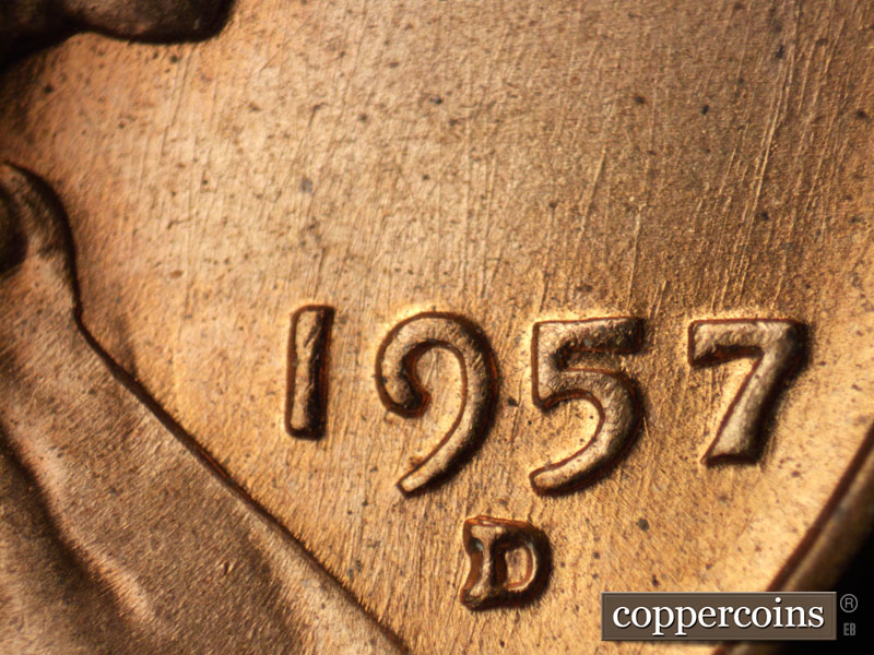 Die-stage A marker on 1957D•1MM•028 (1957 Repunched Mint Mark).