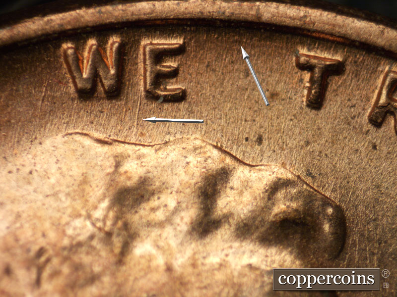 Die-stage A marker on 1957D•1MM•028 (1957 Repunched Mint Mark).
