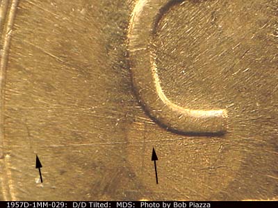 Die-stage B marker on 1957D•1MM•029 (1957 Repunched Mint Mark).