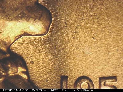 Die-stage B marker on 1957D•1MM•030 (1957 Repunched Mint Mark).