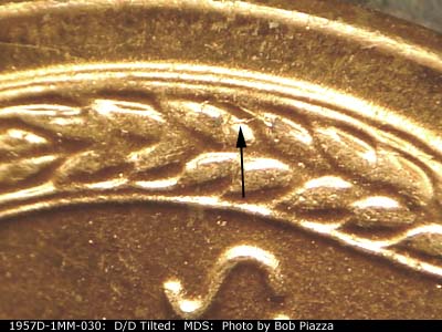 Die-stage B marker on 1957D•1MM•030 (1957 Repunched Mint Mark).