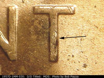 Die-stage B marker on 1957D•1MM•030 (1957 Repunched Mint Mark).