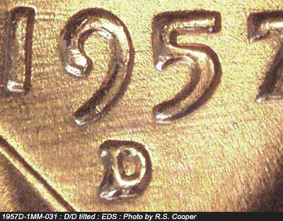 Die-stage A marker on 1957D•1MM•031 (1957 Repunched Mint Mark).