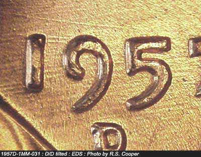 Die-stage A marker on 1957D•1MM•031 (1957 Repunched Mint Mark).