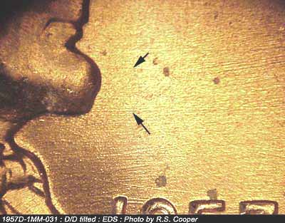 Die-stage A marker on 1957D•1MM•031 (1957 Repunched Mint Mark).