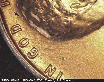 Die-stage A marker on 1957D•1MM•031 (1957 Repunched Mint Mark).