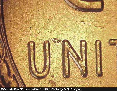 Die-stage A marker on 1957D•1MM•031 (1957 Repunched Mint Mark).