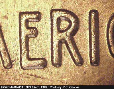 Die-stage A marker on 1957D•1MM•031 (1957 Repunched Mint Mark).