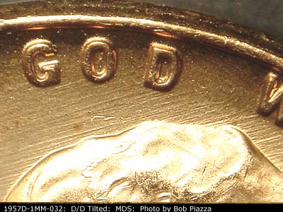 Die-stage B marker on 1957D•1MM•032 (1957 Repunched Mint Mark).