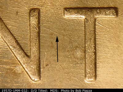Die-stage B marker on 1957D•1MM•032 (1957 Repunched Mint Mark).