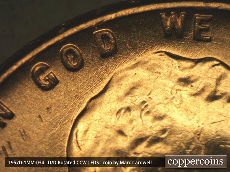 Die-stage A marker on 1957D•1MM•034 (1957 Repunched Mint Mark).