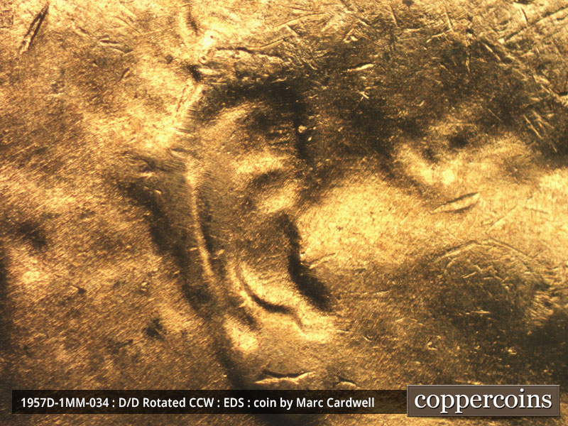 Die-stage A marker on 1957D•1MM•034 (1957 Repunched Mint Mark).