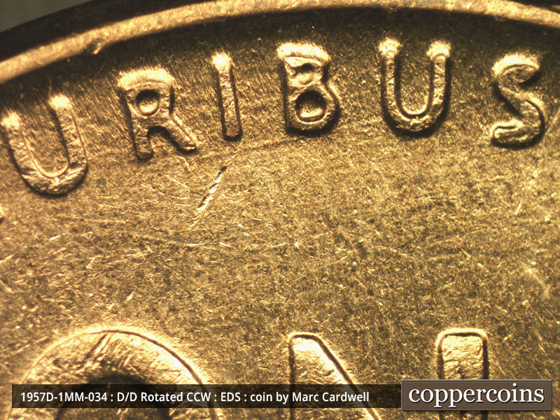 Die-stage A marker on 1957D•1MM•034 (1957 Repunched Mint Mark).