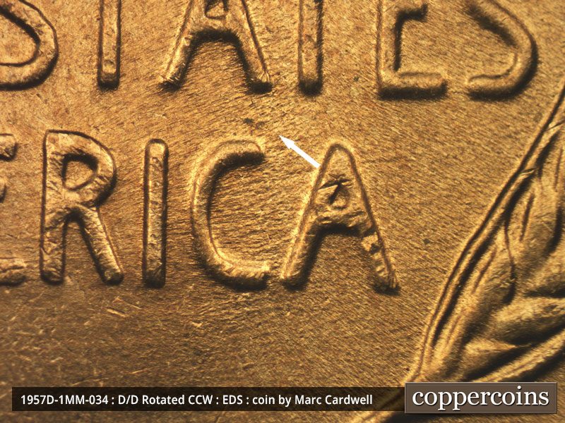 Die-stage A marker on 1957D•1MM•034 (1957 Repunched Mint Mark).