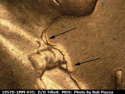 Die-stage B marker on 1957D•1MM•035 (1957 Repunched Mint Mark).