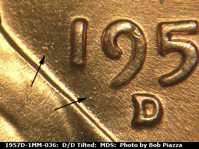 Die-stage B marker on 1957D•1MM•036 (1957 Repunched Mint Mark).