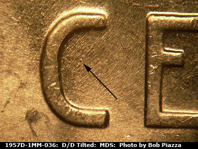 Die-stage B marker on 1957D•1MM•036 (1957 Repunched Mint Mark).