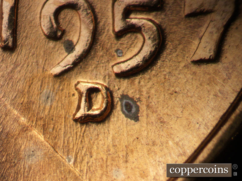1957 Lincoln cent obverse, CopperCoins die 1957D•1MM•037.