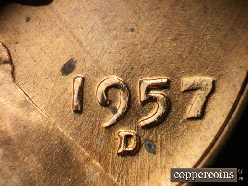 Die-stage B marker on 1957D•1MM•037 (1957 Repunched Mint Mark).
